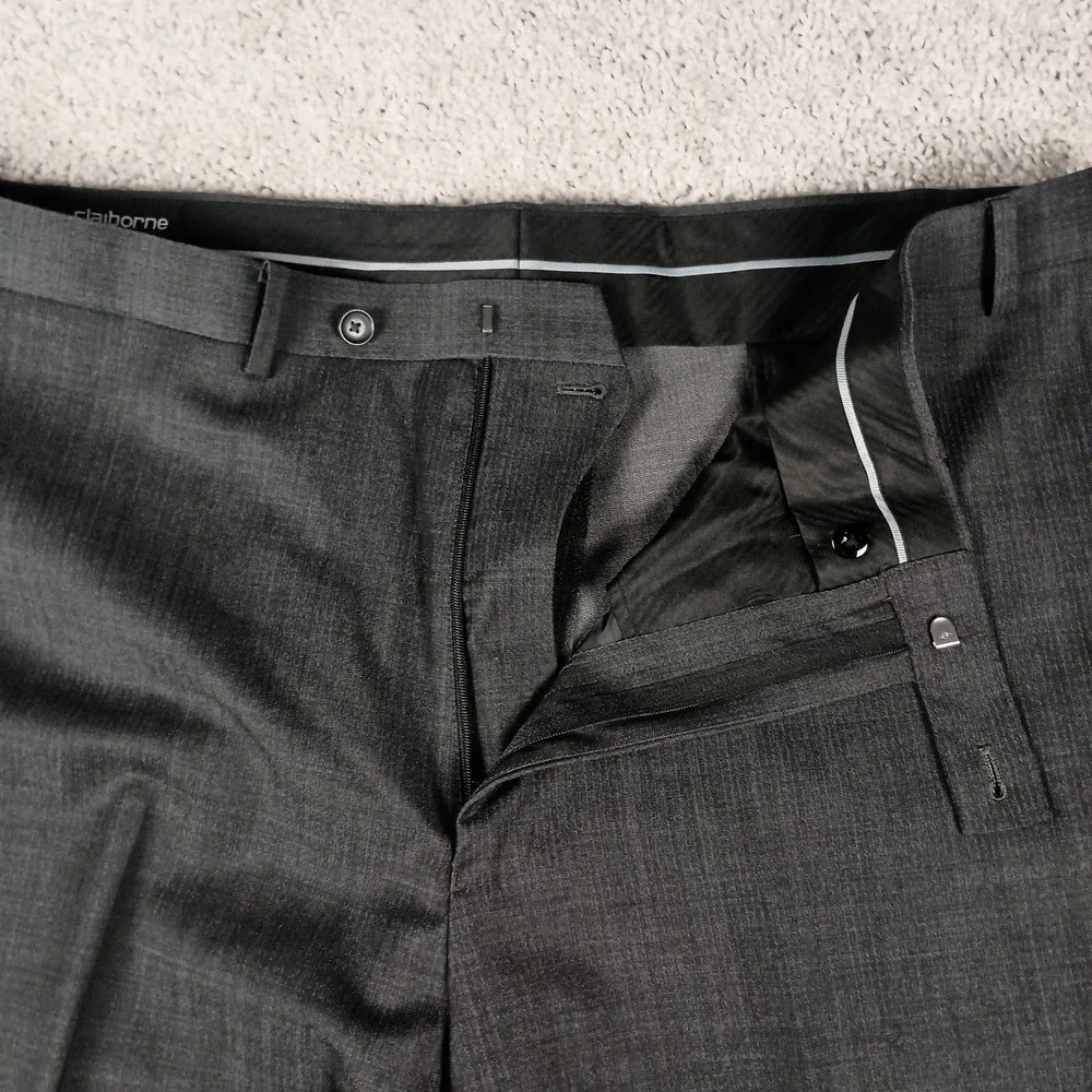 Claiborne 44R 42x30 Mens Suit Grey Herringbone Wool Blend Modern Fit Stretch